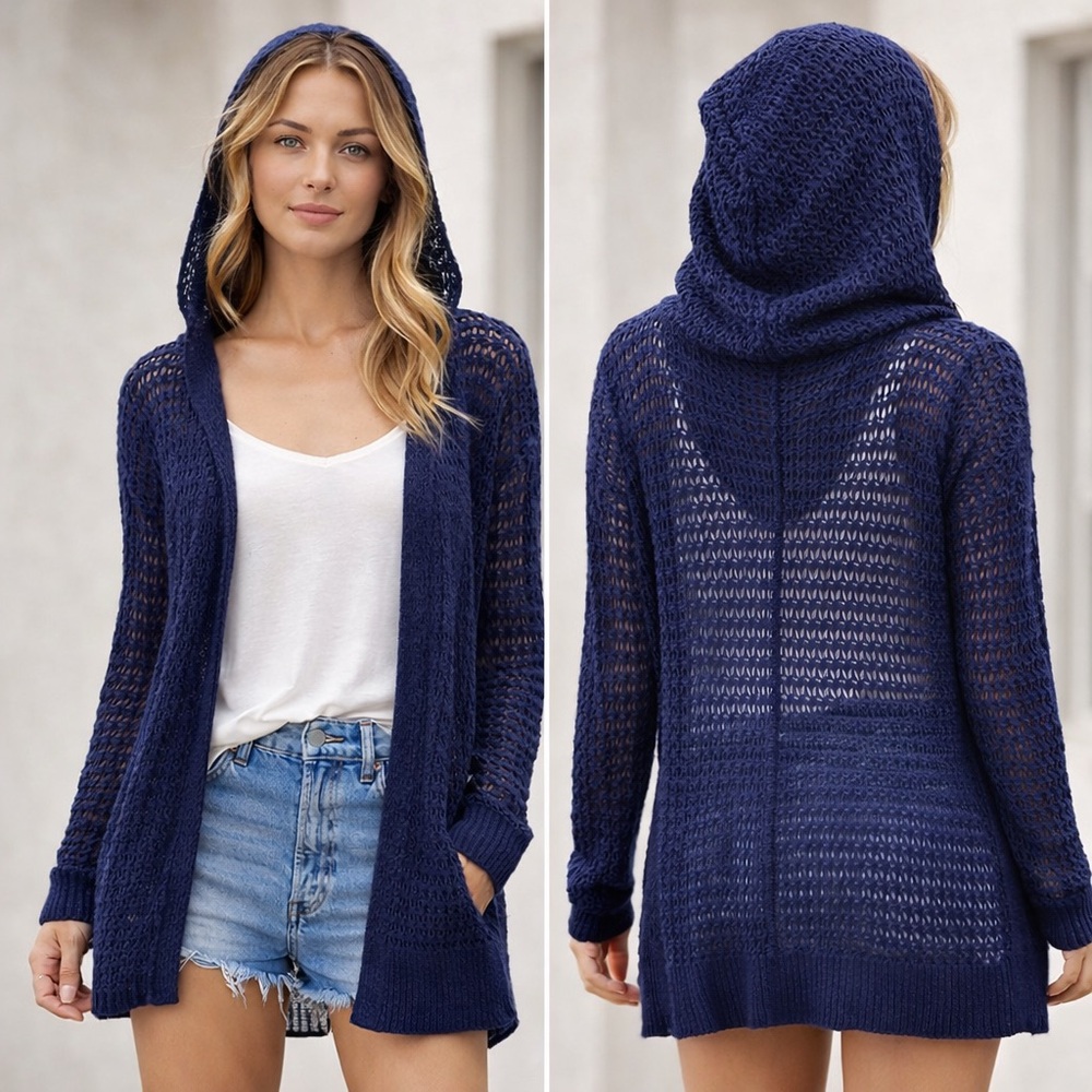 GAP Navy Open-Knit Hooded Cardigan Sweater Lightweight Beachy Boho XS cotton